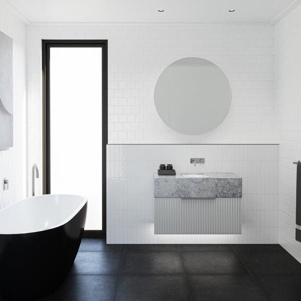 Timberline Kingsley Apollo Vanity in Minimalist Monochrome Bathroom - The Blue Space