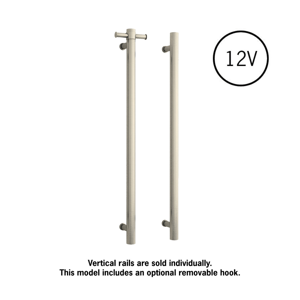 With Hook Thermogroup 12V Round Vertical Single Bar Heated Towel Rail Brushed Nickel VS900HBN - The Blue Space
