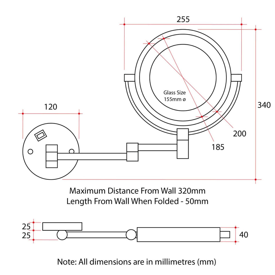 Thermogroup Ablaze 1 & 5x Magnification Wall Mounted Shaving Mirror - Brushed Nickel, 200mm diametre with Concealed Wiring