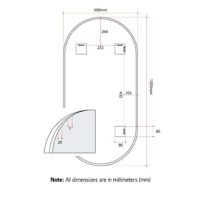 Technical Drawing Thermogroup Pill White Framed Mirror HP5010W - The Blue Space