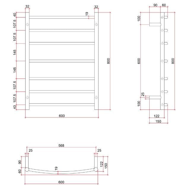 Thermogroup Thermorail Budget Curved/Round 600x800x150mm 80Watts 7 Bars