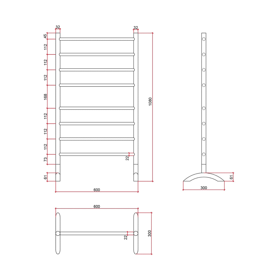 Thermogroup Thermorail Free Standing Straight/Round 600x1080x300mm 110Watts 8 Bars - Matt Black