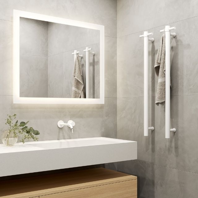 Thermogroup Thermorail Straight/Round 12Volt Vertical Bar 900x142x100mm 26Watts With Optional Hook - Matt White