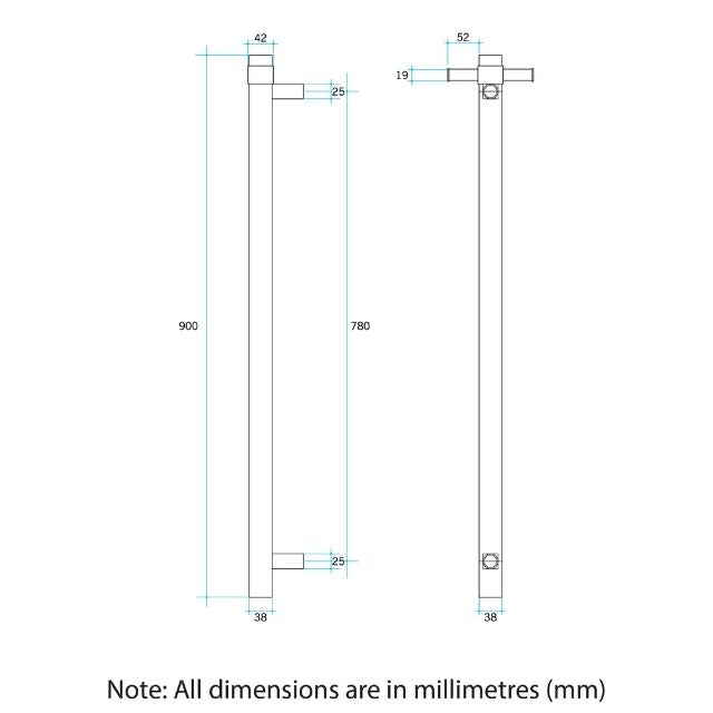 Thermogroup Thermorail Straight/Round 12Volt Vertical Bar 900x142x100mm 26Watts With Optional Hook - Matt White
