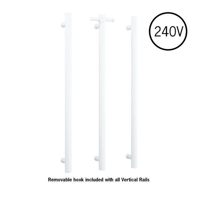 Thermogroup Thermorail Straight/Round 240Volt Vertical Bar 900x142x100mm 22Watts With Optional Hook - Matt White