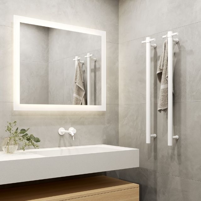 Thermogroup Thermorail Straight/Round 240Volt Vertical Bar 900x142x100mm 22Watts With Optional Hook - Matt White