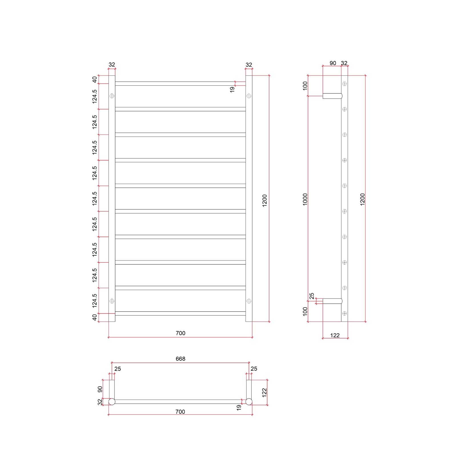 Technical Drawing Thermogroup Thermorail Straight/Round 700x1200x122mm 128Watts 10 Bars - Brushed Brass SR69MBB - The Blue Space