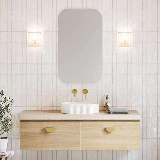 Lifestyle Timberline Kingsley Wall Hung Vanity with SilkSurface Freedom Top and Above Counter Basin KIN-V-1500-C-FRA-W - The Blue Space