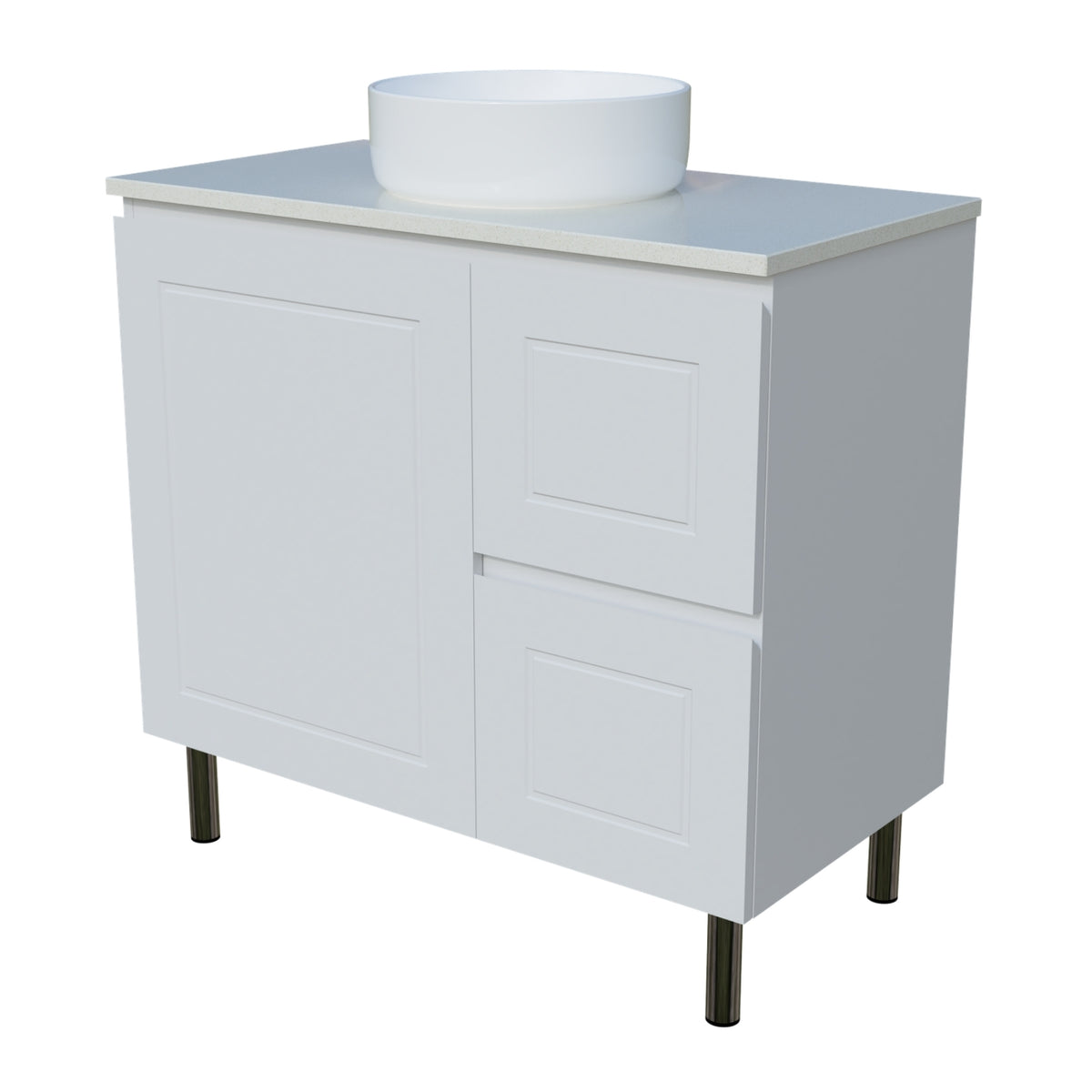 Angle Timberline Nevada Classic On Legs Vanity with SilkSurface Top and Above Counter Basin NVC-V-900-C-SSA-L - The Blue Space