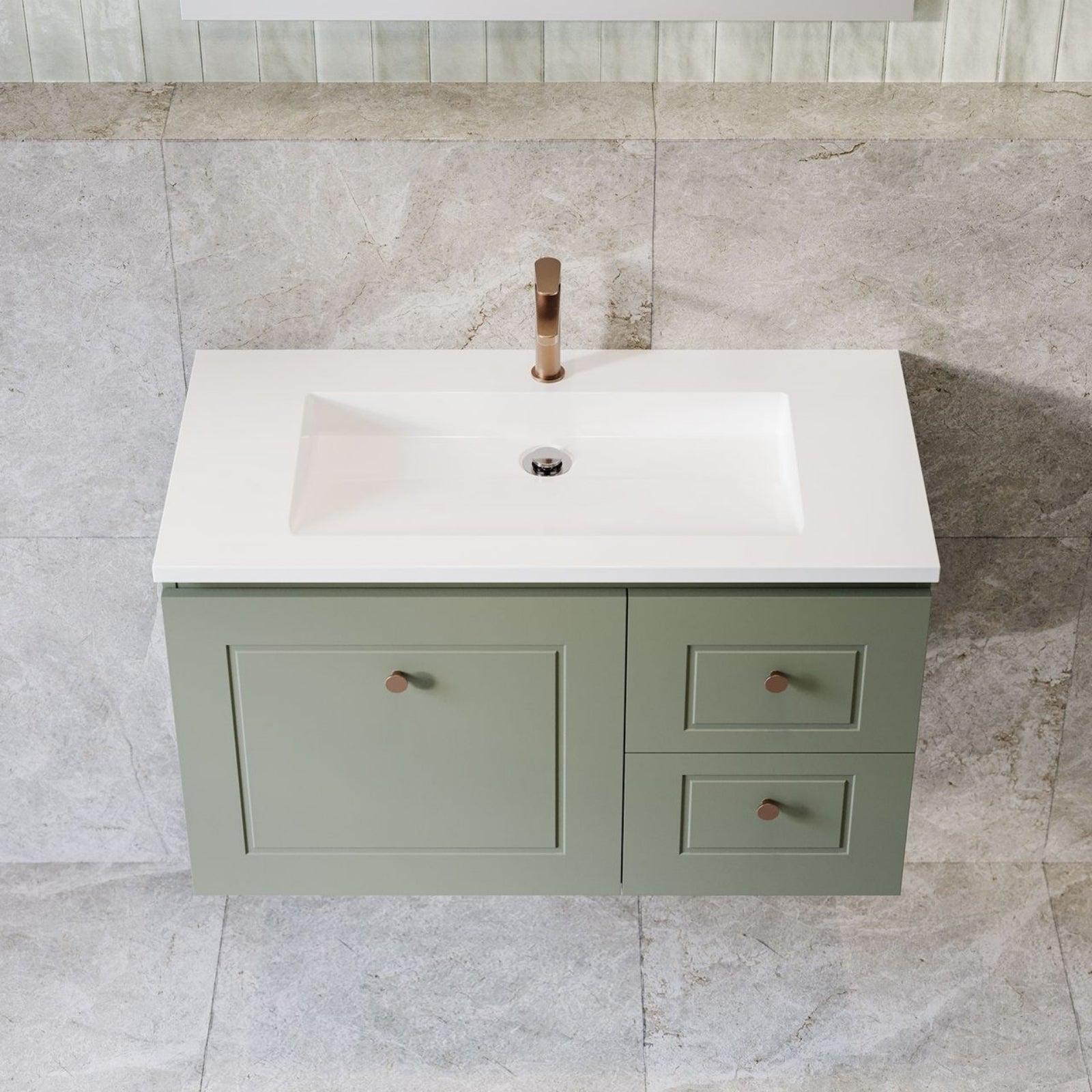 Lifestyle Upper Angle Timberline Nevada Classic Wall Hung Vanity with Vogue Mineral Composite Top NVC-V-900-C-VOG-W - The Blue Space