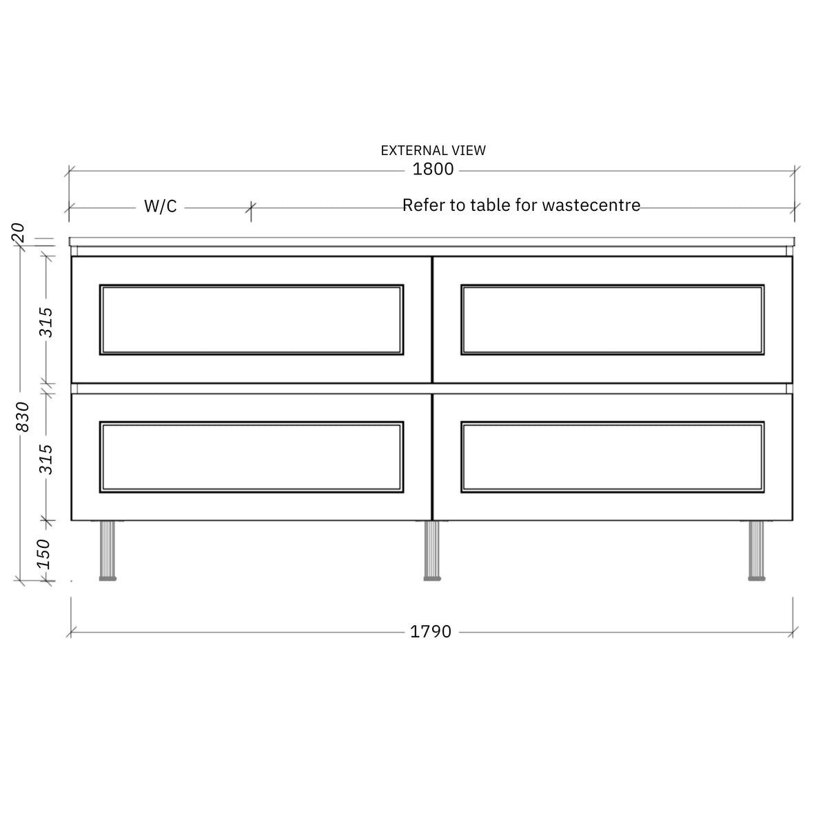 Timberline Nevada Plus Classic Floor Standing Vanity on Legs with SilkSurface Top and Above Counter Basin 1800mm Left Bowl NVPC-V-1800-L-SSA-L | The Blue Space