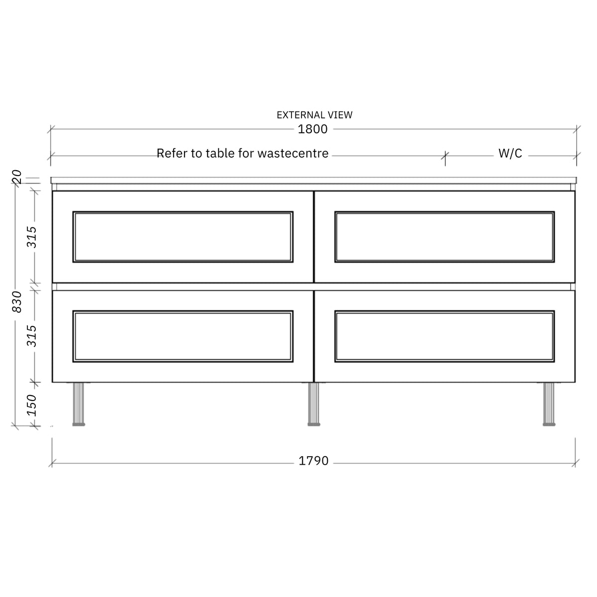 Timberline Nevada Plus Classic Floor Standing Vanity on Legs with SilkSurface Top and Above Counter Basin 1800mm Right Bowl NVPC-V-1800-R-SSA-L | The Blue Space