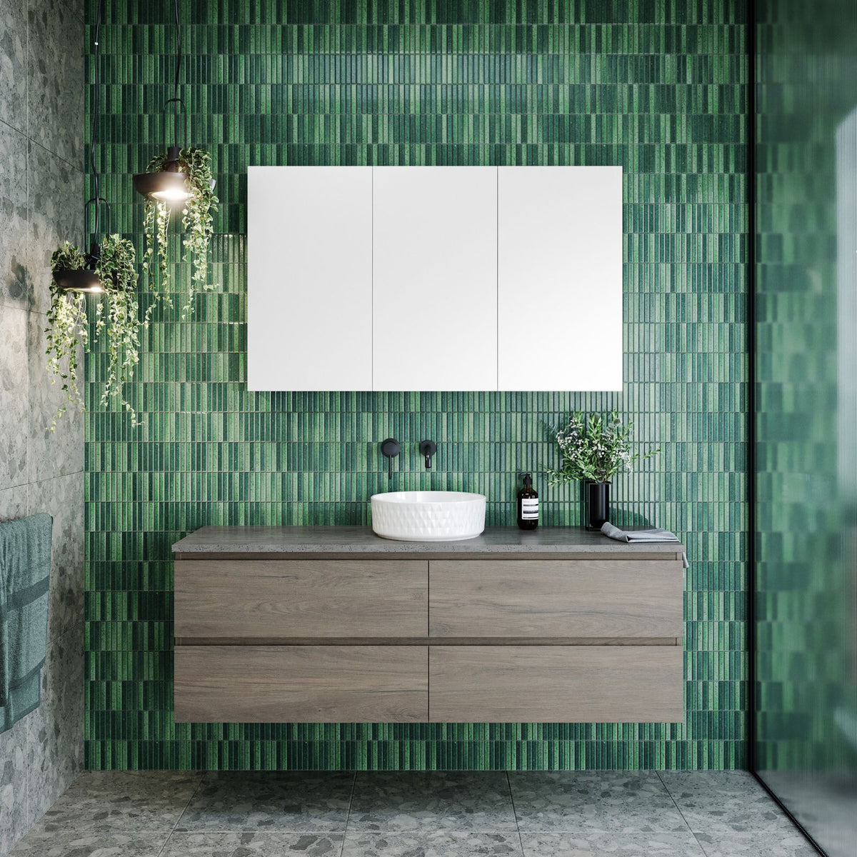 Timberline Nevada Plus Wall Hung Vanity with Above Counter Basin, timberline tennessee shaving cabinet, telbix bobo lights, white kitkat tiles and island grey terrazzo grey tiles. Caroma Liano II tapware matte black