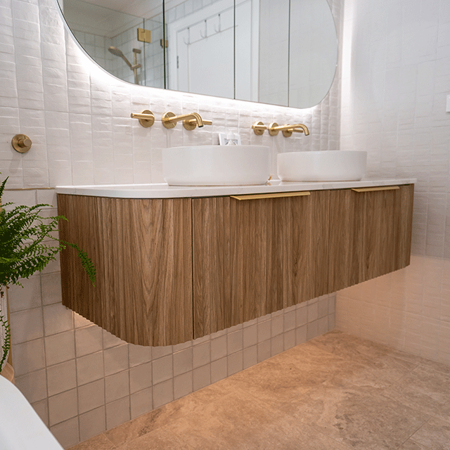 Timberline Santos Apollo Fluted Wall Hung Vanity with SilkSurface Top and Above Counter Basin