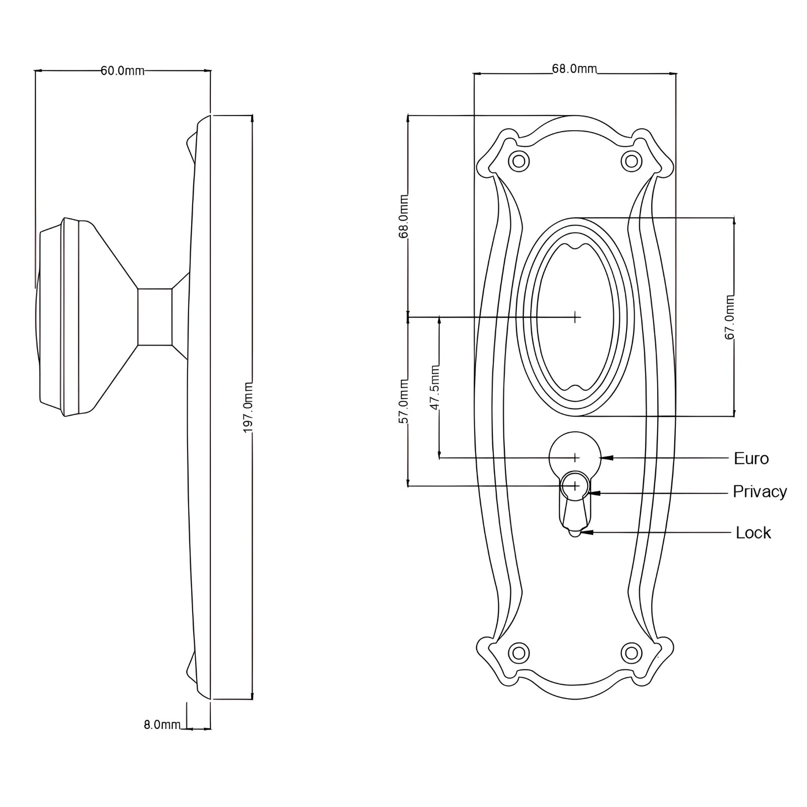 Line Drawing TradCo Bungalow Door Knob Long Backplate Entrance Set with High Security Lock Antique Brass 0830KENTREURO57KK - The Blue Space