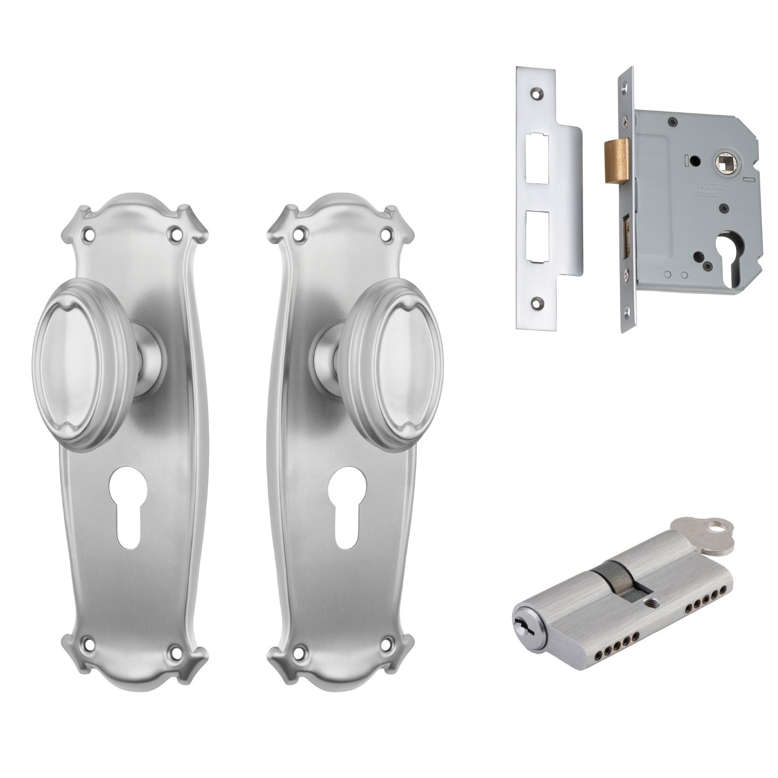 TradCo Bungalow Door Knob Long Backplate Entrance Set with High Security Lock Satin Chrome 0870KENTREURO57KK - The Blue Space
