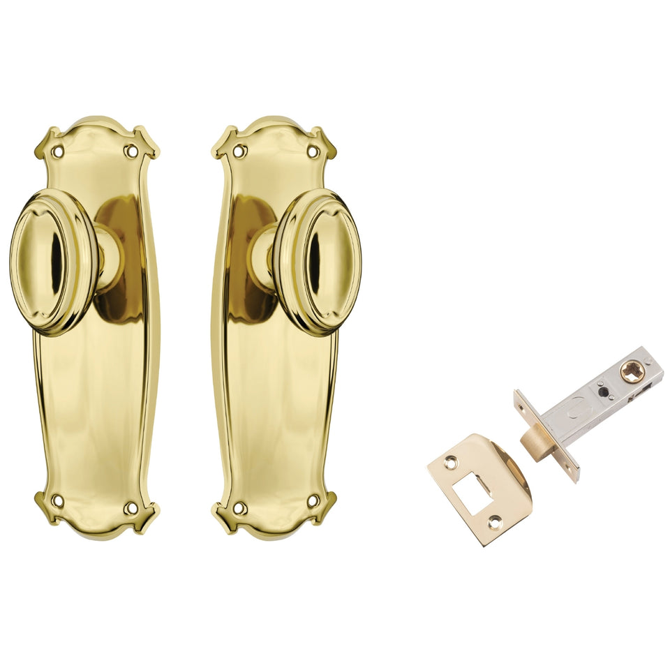 TradCo Bungalow Door Knob Long Backplate Passage Set Polished Brass
