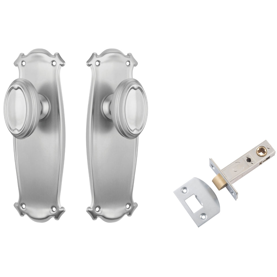 TradCo Bungalow Door Knob Long Backplate Passage Set Satin Chrome