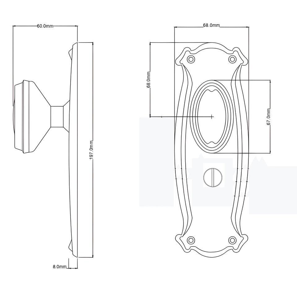 TradCo Bungalow Door Knob Long Backplate Privacy Set Chrome Plated