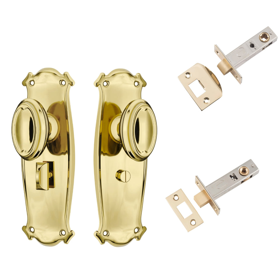 TradCo Bungalow Door Knob Long Backplate Privacy Set Polished Brass