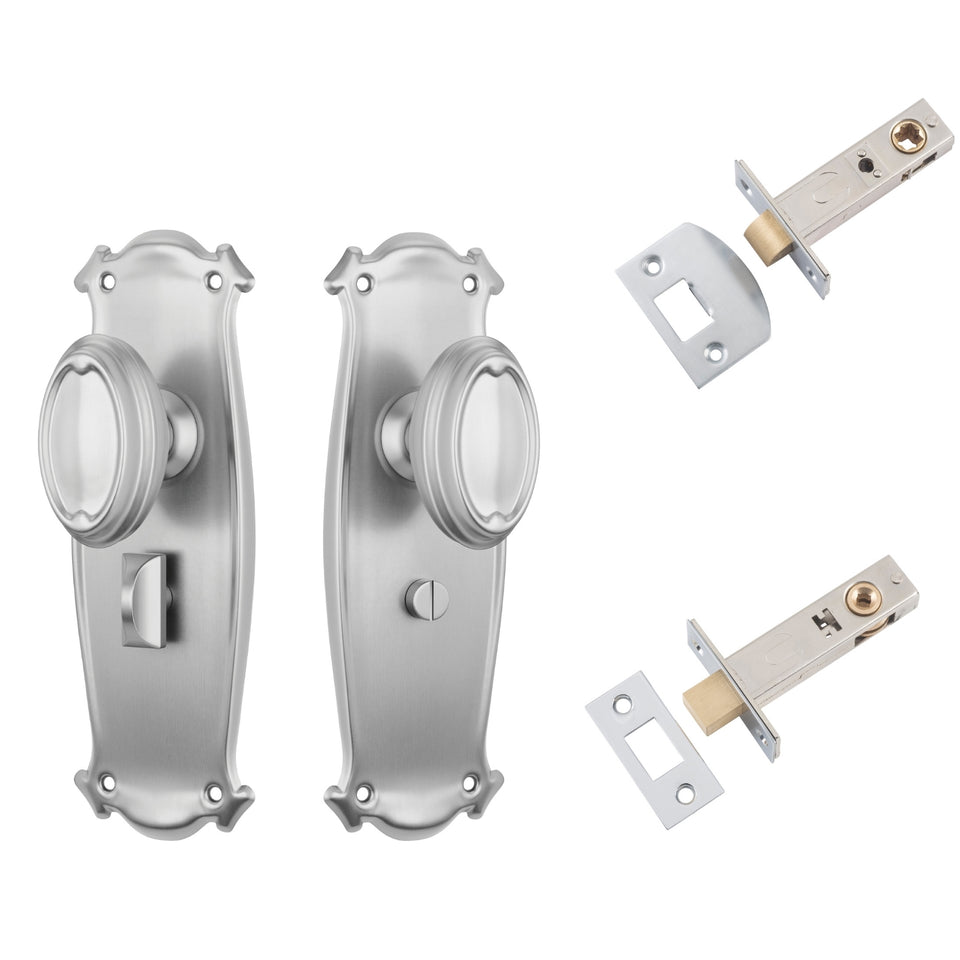 TradCo Bungalow Door Knob Long Backplate Privacy Set Satin Chrome