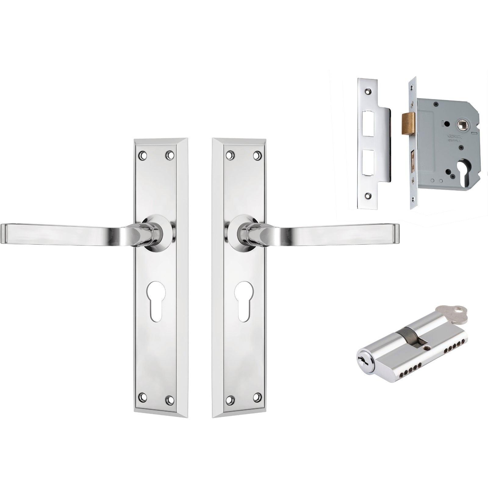 TradCo Menton Lever Long Backplate Entrance Set with High Security Lock Chrome Plated 0684KENTREURO57KK - The Blue Space