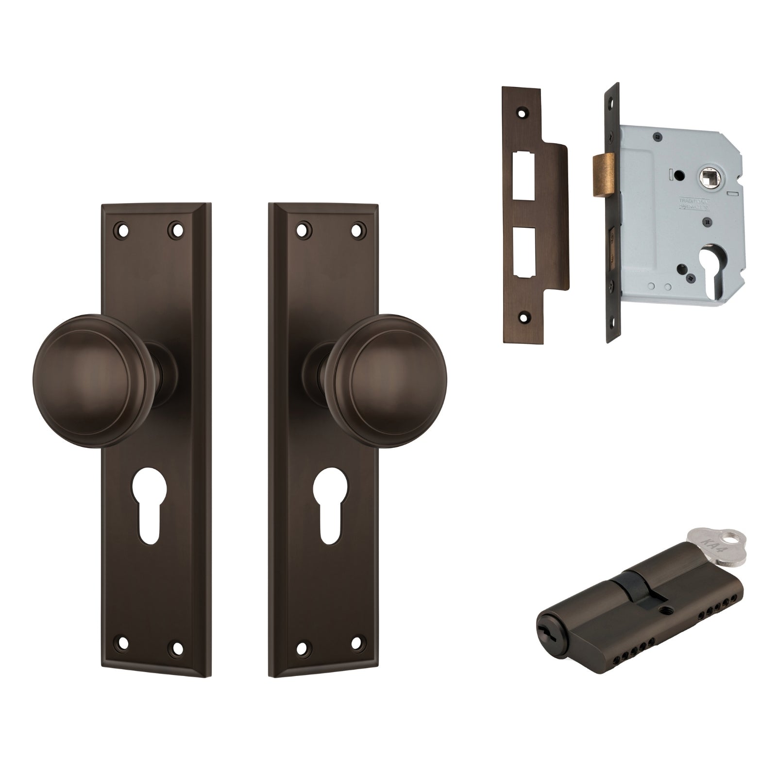 TradCo Milton Door Knob Long Backplate Entrance Set with High Security Lock Antique Brass 0724KENTREURO57KK - The Blue Space