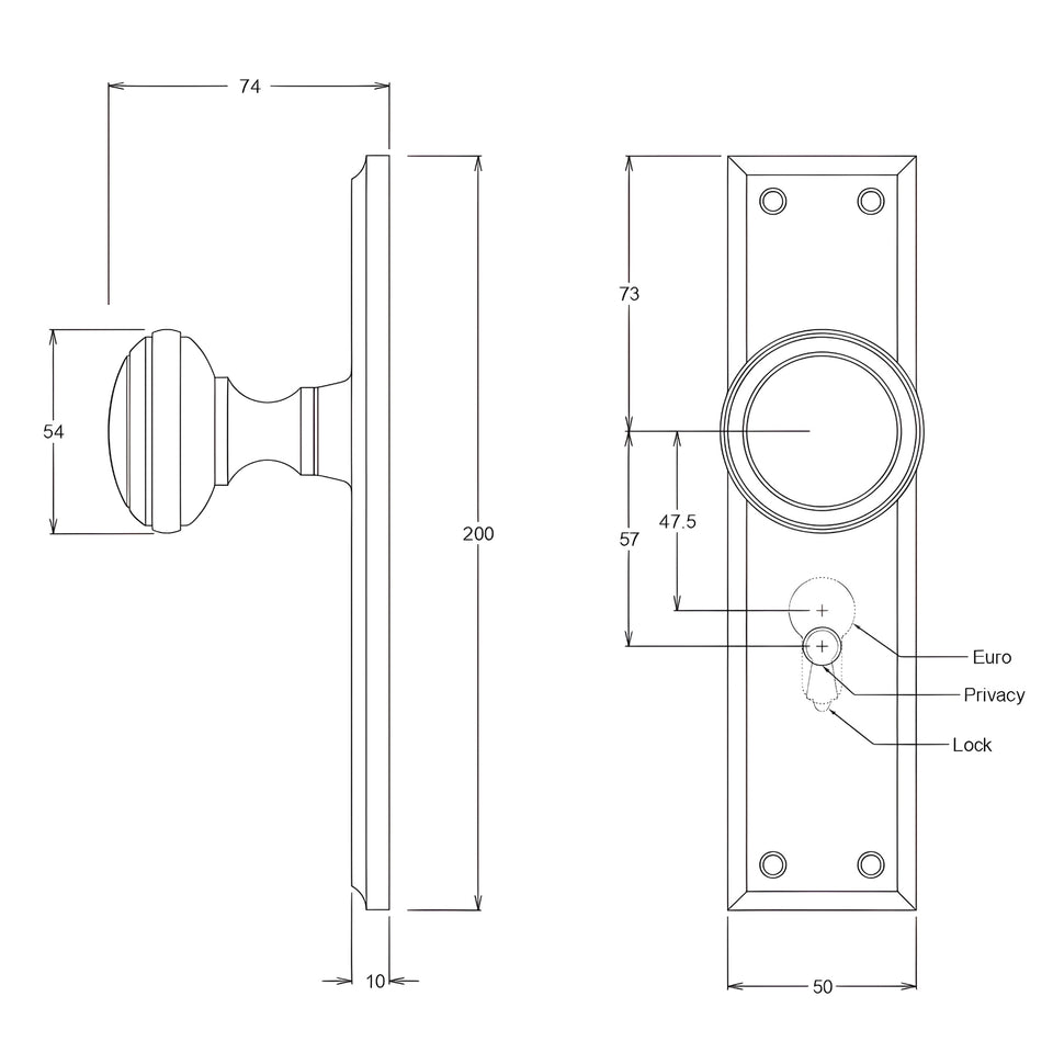 TradCo Milton Door Knob Long Backplate Entrance Set with High Security Lock Antique Brass
