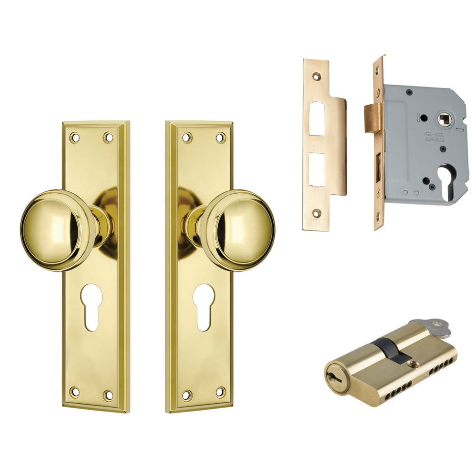 TradCo Milton Door Knob Long Backplate Entrance Set with High Security Lock Polished Brass