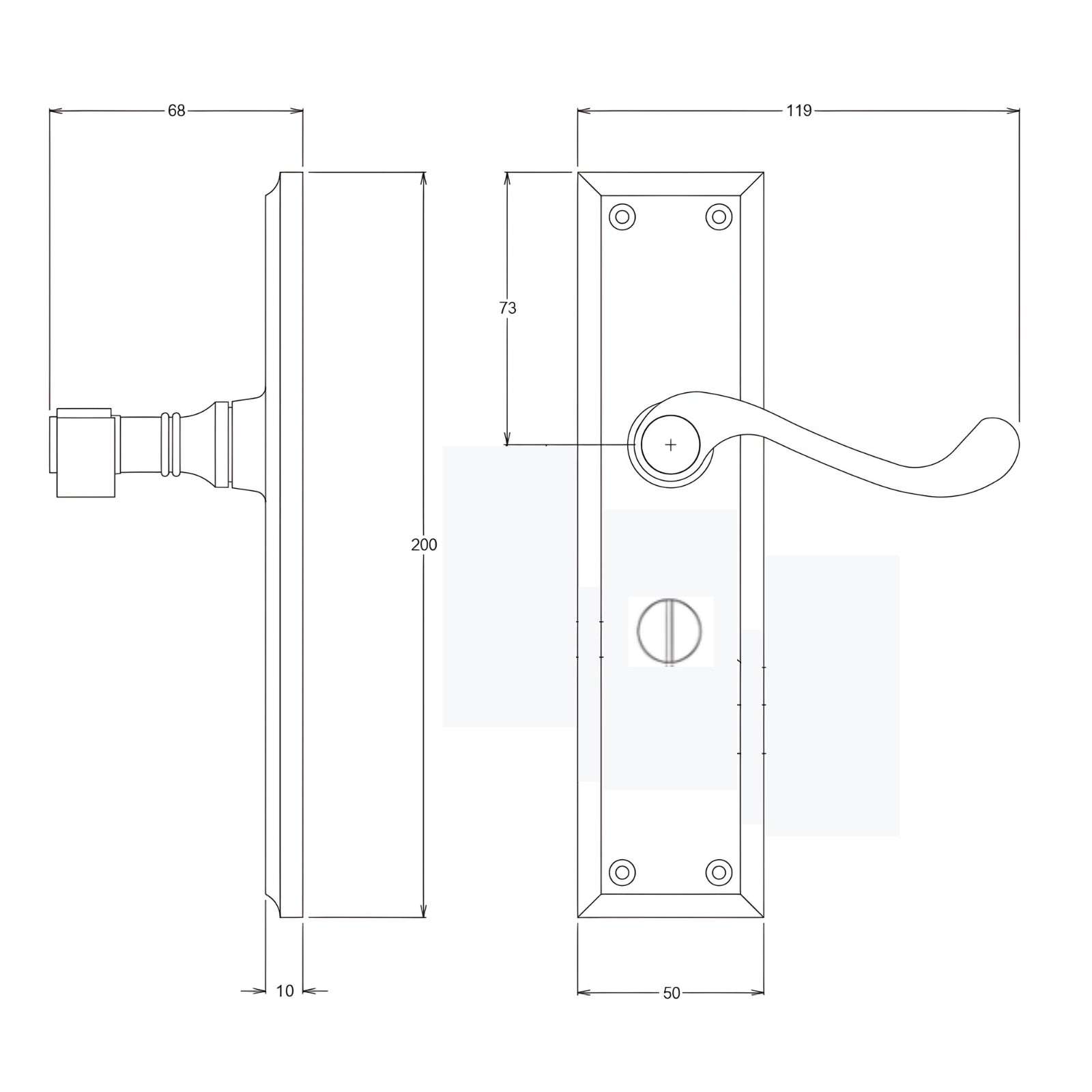 Line Drawing TradCo Milton Lever Long Backplate Privacy Set Antique Copper 1014KPRIV60 - The Blue Space