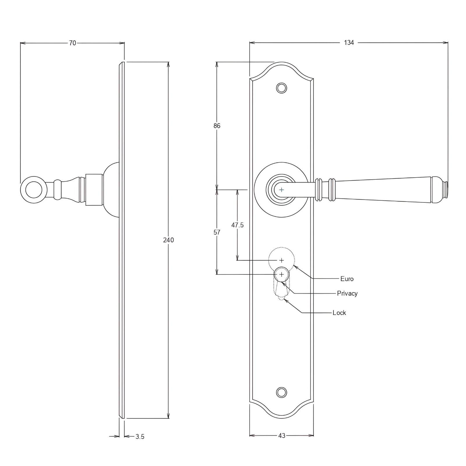 Line Drawing TradCo Reims Lever Long Backplate Entrance Set with High Security Lock Matte Black 9620KENTREURO57KK - The Blue Space
