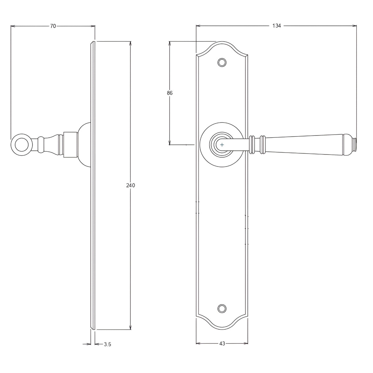 Line Drawing TradCo Reims Lever Long Backplate Passage Set Matte Black 9620KPASS60 - The Blue Space
