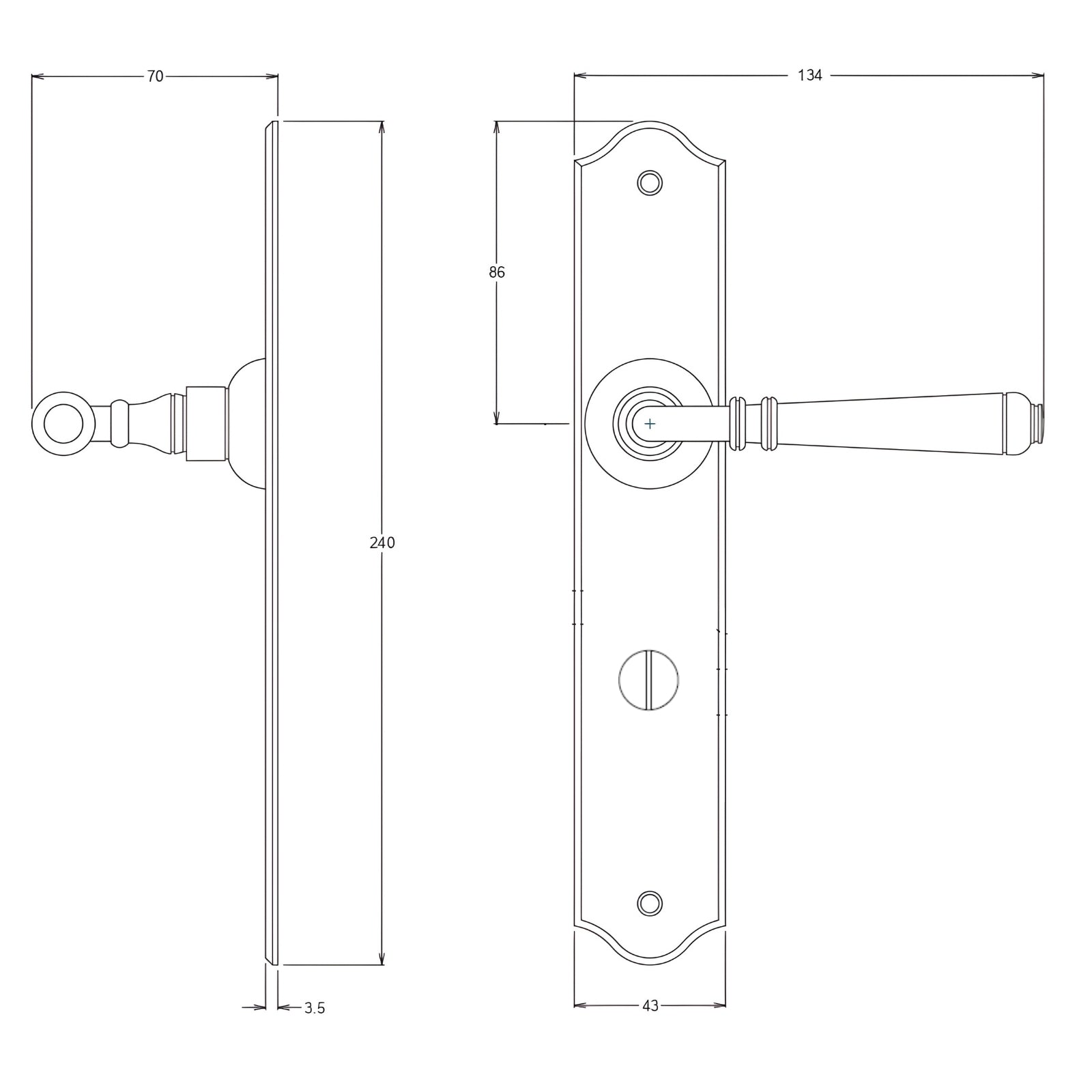 Line Drawing TradCo Reims Lever Long Backplate Privacy Set Antique Brass 0774KPRIV60 - The Blue Space
