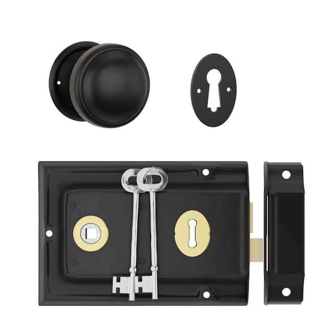 TradCo Rim Lock and Milled Edge Knob Passage Set Matte Black Polished Brass Antique Copper 1032-2000SET - The Blue Space