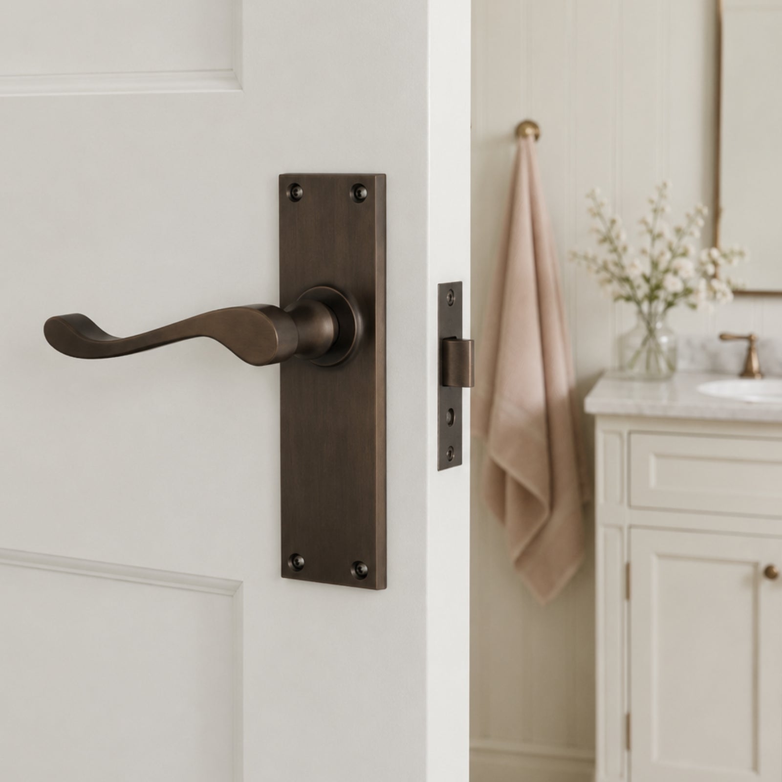 Lifestyle Image TradCo Victorian Lever Long Backplate Passage Set Antique Brass 0782KPASS60 - The Blue Space