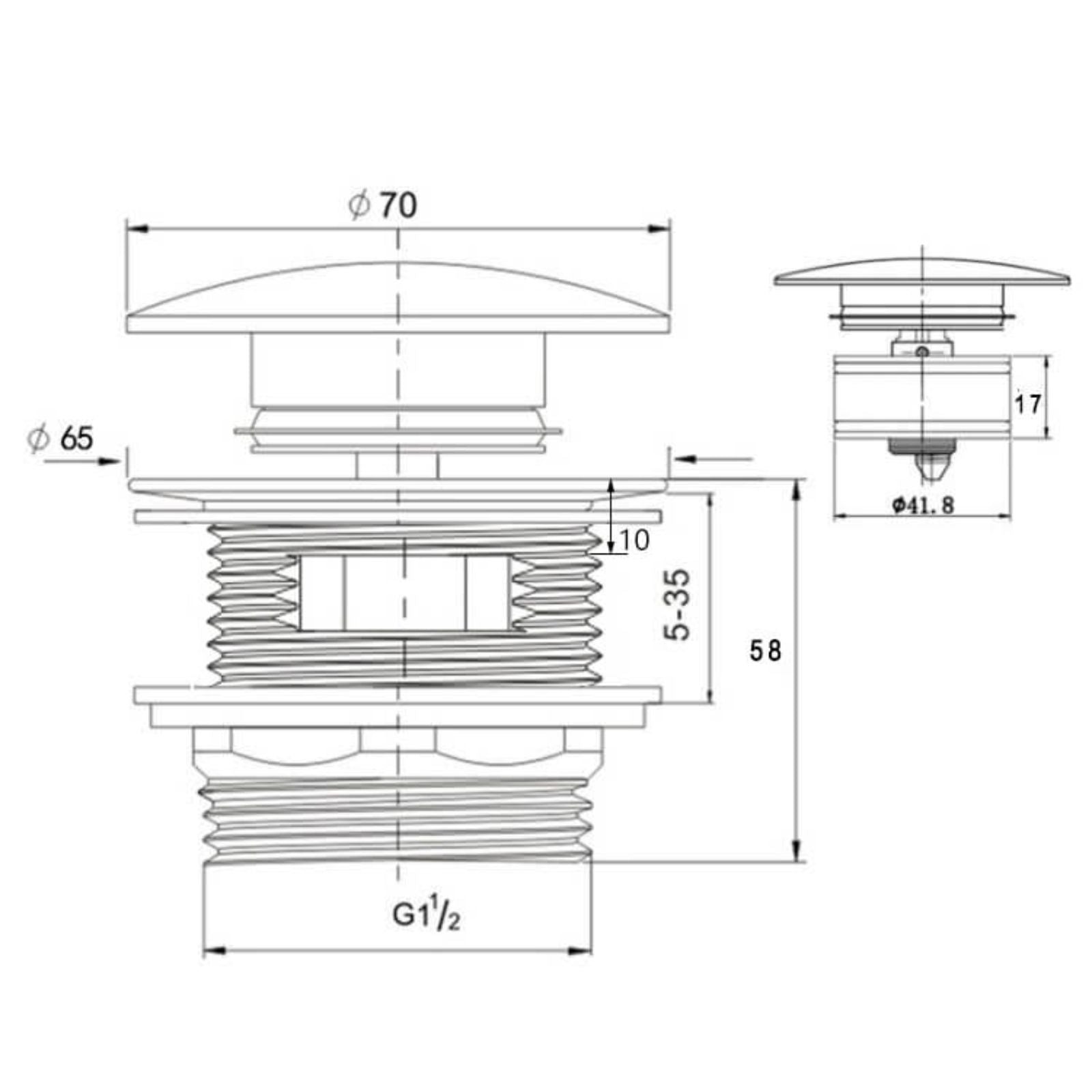 Technical Drawing Turner Hastings 40mm Safety Pull-Out Pop-Up Bath Waste with Short Tail with Overflow - Brushed Nickel BA410PO-OF-BN - The Blue Space