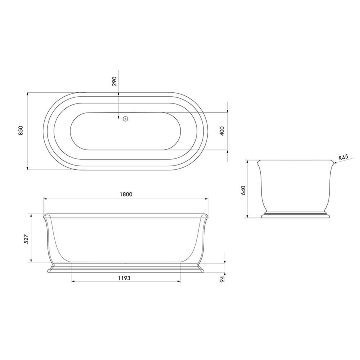 Technical Drawing Turner Hastings Camden 180 x 85 TitanCast Bath - Satin Silk White CM1800TCB - The Blue Space