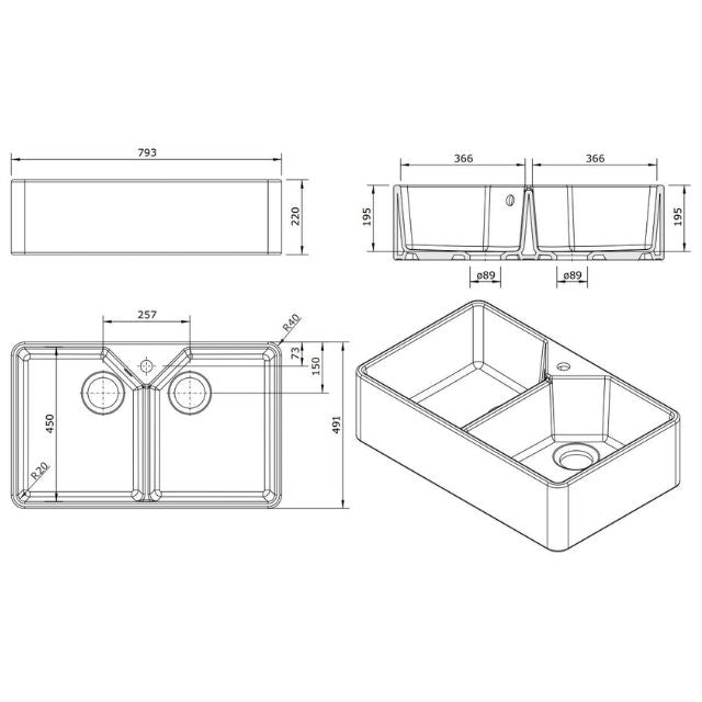 Turner Hastings Chester Double Flat Front Fine Fireclay Butler Sink