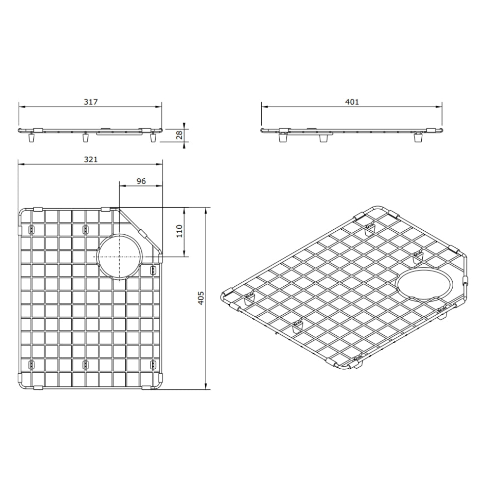 Technical Drawing Turner Hastings Chester Stainless Steel Grid 80x50 - RHB - Brushed Brass 4A40312-BB - The Blue Space