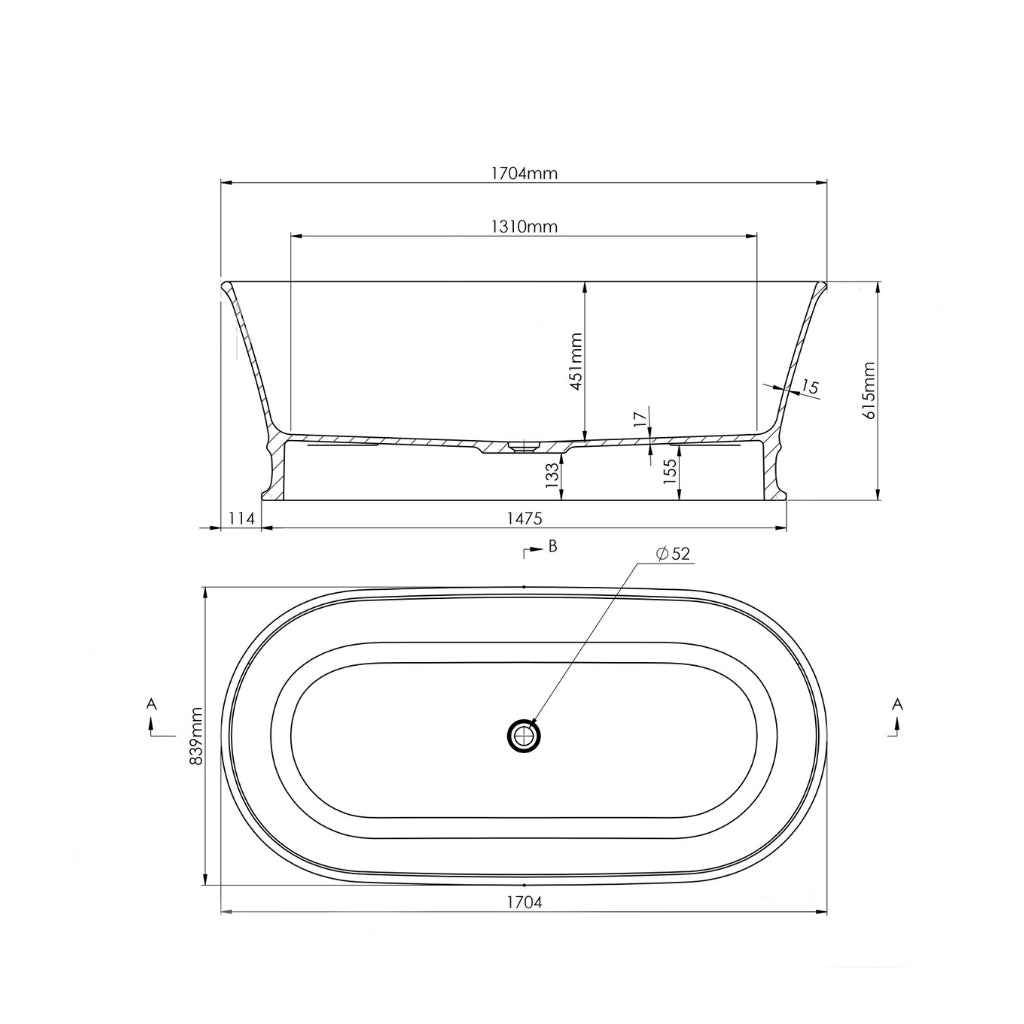 Technical Drawing Turner Hastings Claremont 170 x 84 MagnaCast Free Standing Bath - Gloss White with Overflow CL1700MCB-GW-OF - The Blue Space