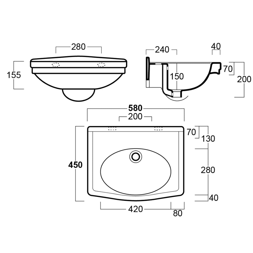 Turner Hastings Claremont 58 x 45 Wall Hung Basin Without Taphole