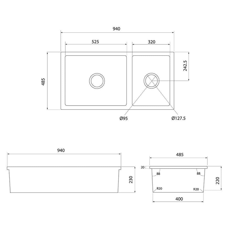Turner Hastings Cuisine 93 x 48 One and a Half Bowl Inset / Undermount Fine Fireclay Matte Black Sink With Overflow