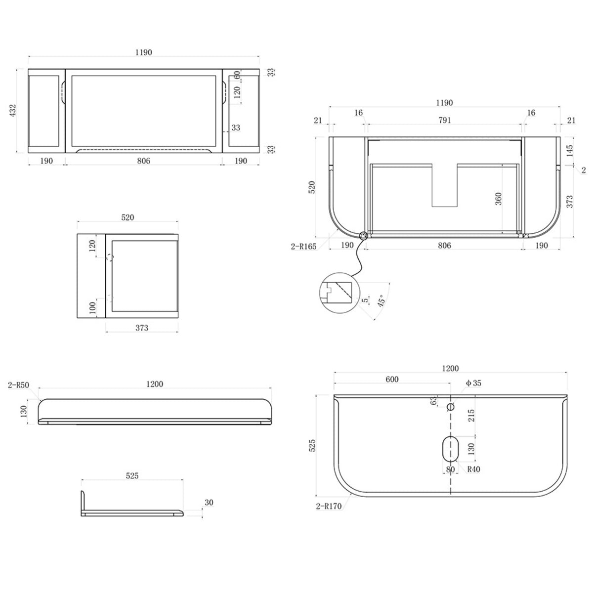 Spec Sheet Turner Hastings Evara 120 x 53 Wall Hung Vanity with Real Marble Top & Above Counter Basin - Aegean Blue EV125-AB-NTH - The Blue Space