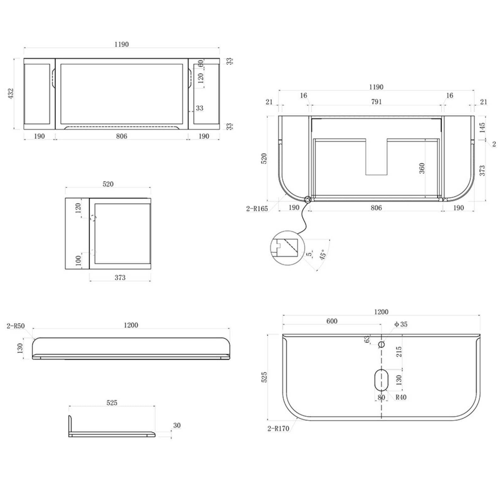 Spec Sheet Turner Hastings Evara 120 x 53 Wall Hung Vanity with Real Marble Top & Above Counter Basin - Volcanic Ash EV124-VA-NTH - The Blue Space