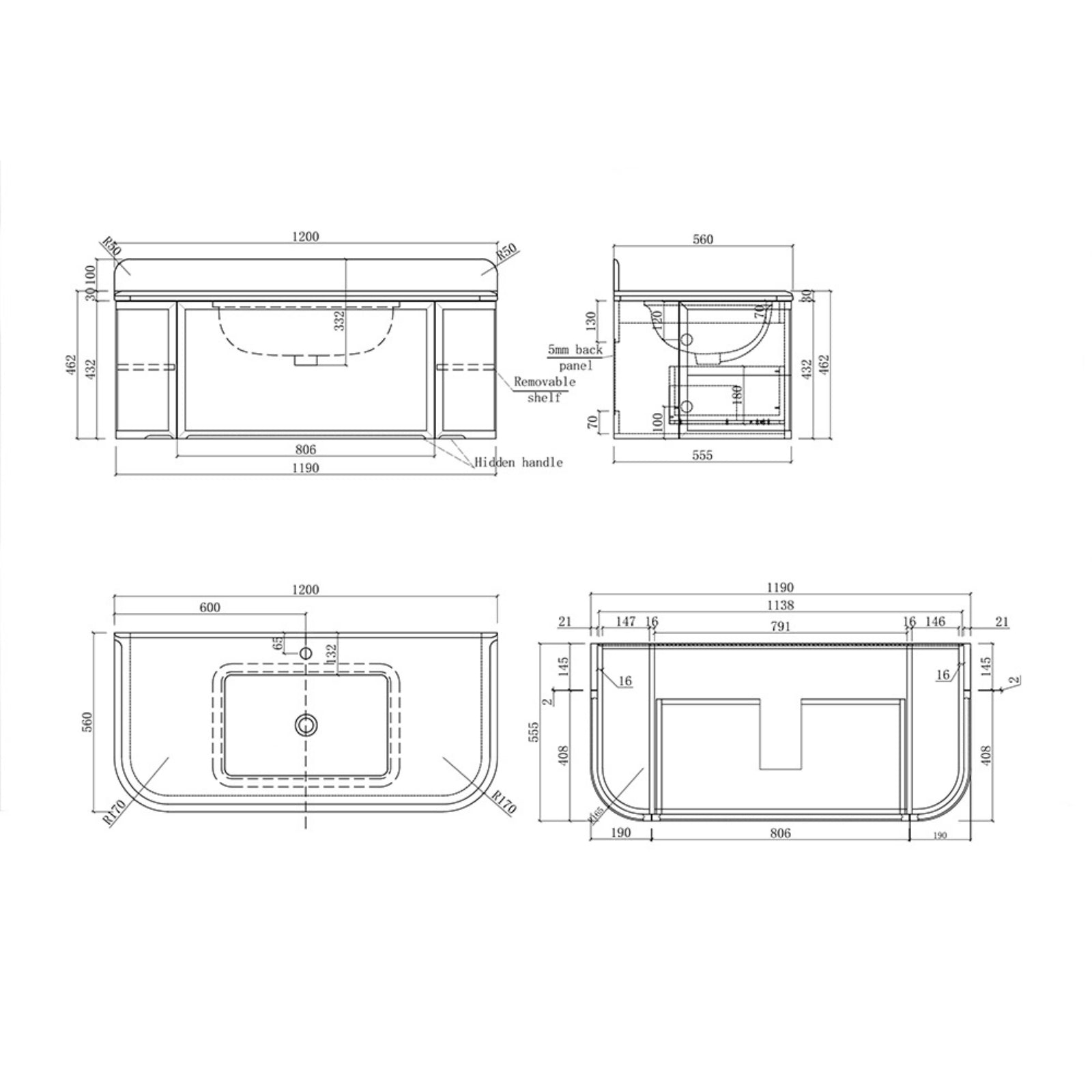 Spec Sheet Turner Hastings Evara 120 x 53 Wall Hung Vanity with Real Marble Top & Under Counter Basin - Volcanic Ash EV121-VA-1TH - The Blue Space