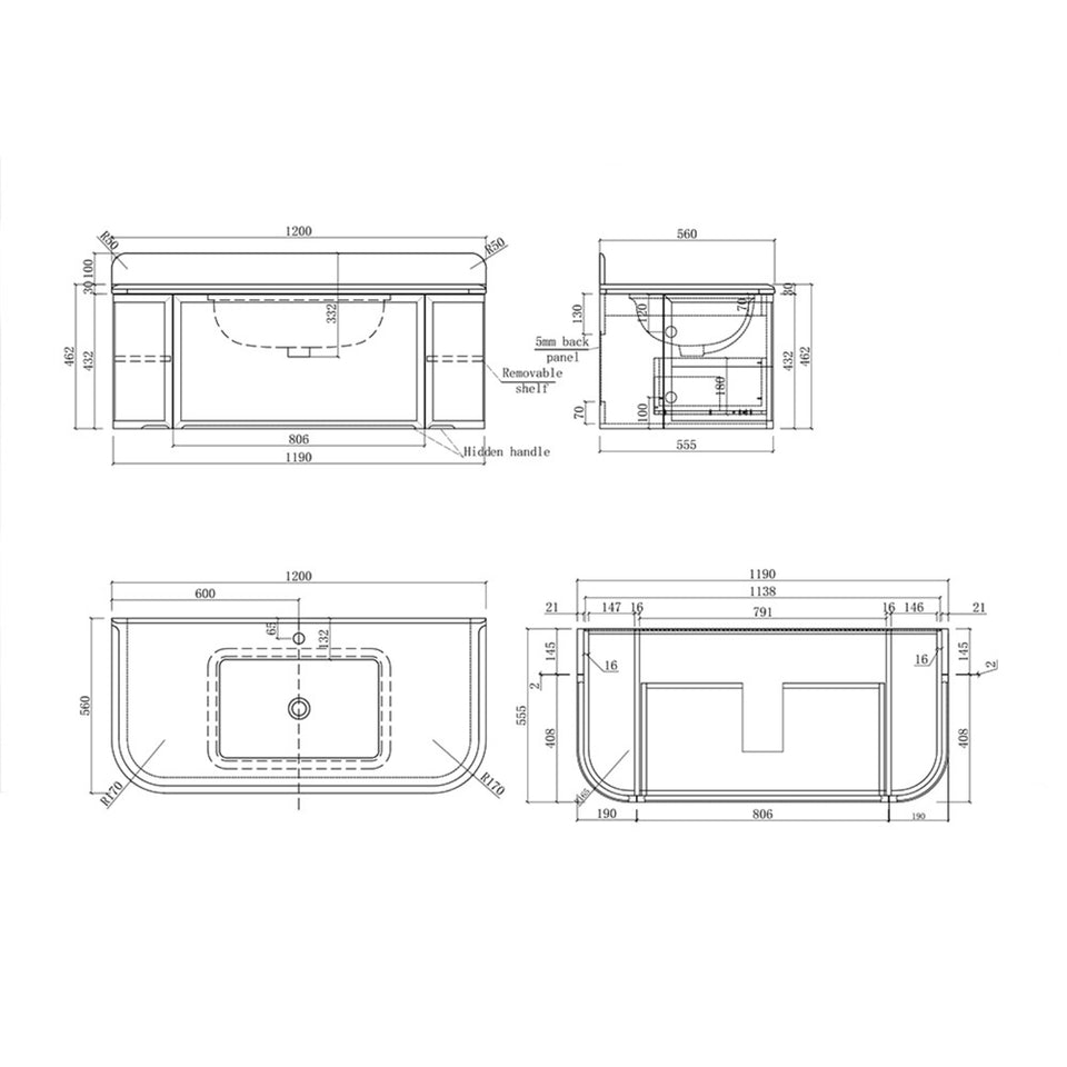 Turner Hastings Evara 120 x 53 Wall Hung Vanity with Real Marble Top & Under Counter Basin - White