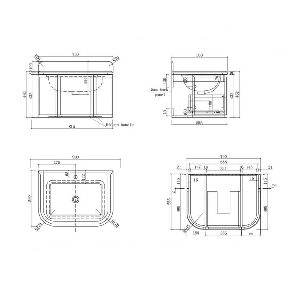 Turner Hastings Evara 75 x 53 Wall Hung Vanity with Real Marble Top & Under Counter Basin - Aegean Blue