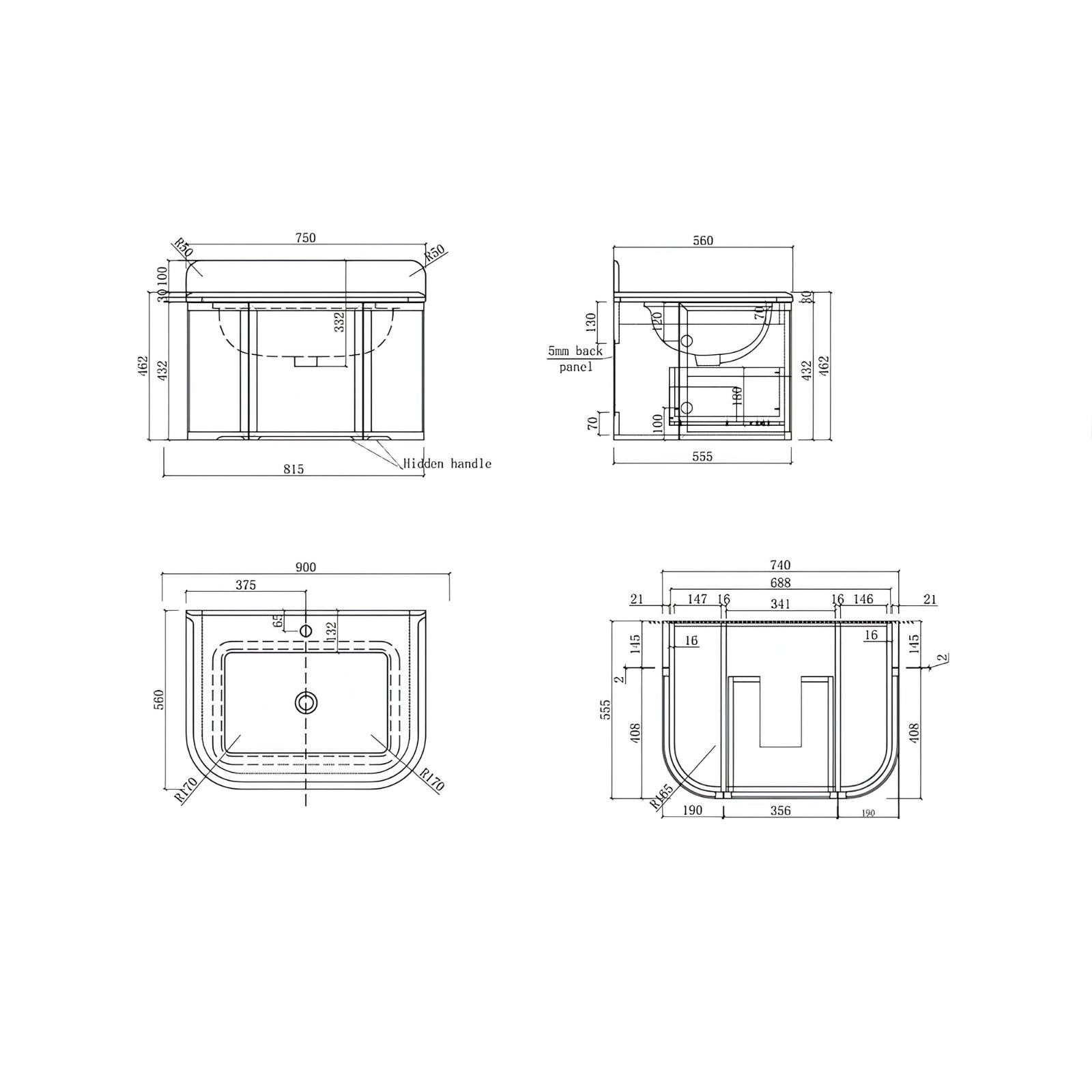 Spec Sheet Turner Hastings Evara 75 x 53 Wall Hung Vanity with Real Marble Top & Under Counter Basin - White EV750-WH-1TH - The Blue Space