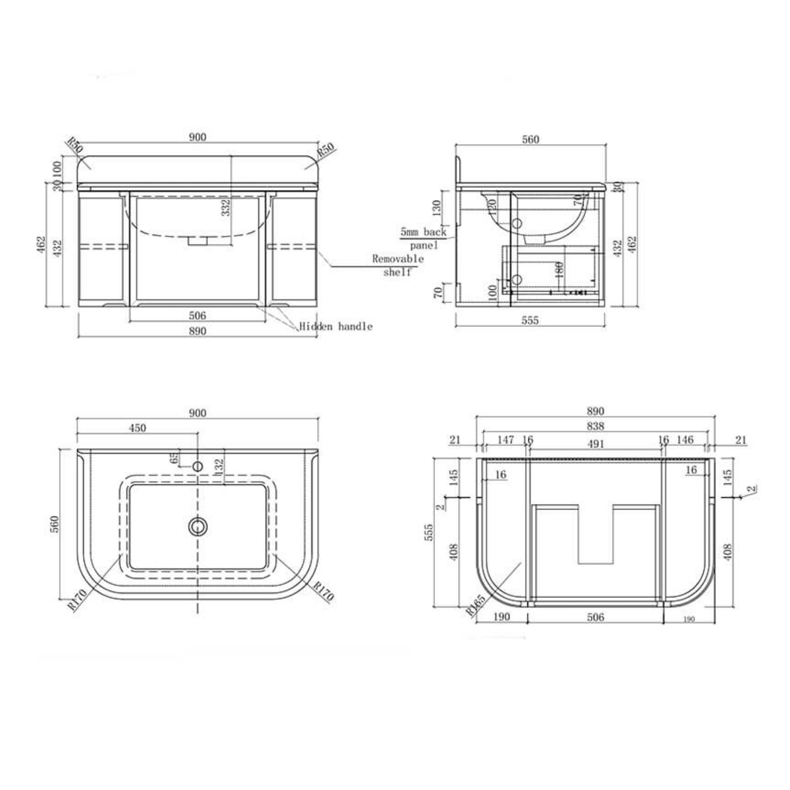 Spec Sheet Turner Hastings Evara 90 x 53 Wall Hung Vanity with Real Marble Top & Under Counter Basin - Volcanic Ash EV951-VA-1TH - The Blue Space