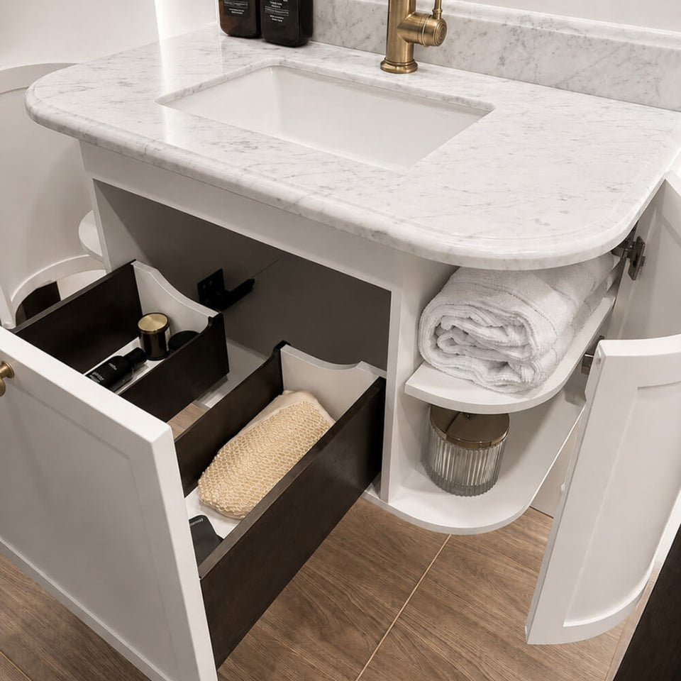 Turner Hastings Evara 90 x 53 Wall Hung Vanity with Real Marble Top & Under Counter Basin - White